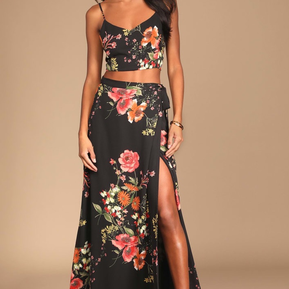 Black Floral Print Two-Piece Maxi Dress